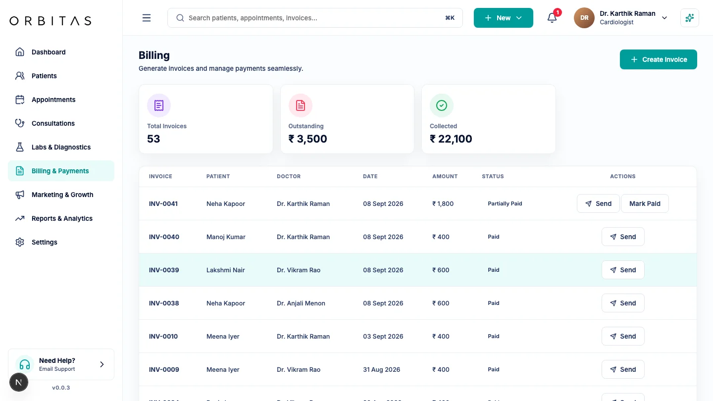 Orbitas clinic billing, payment links, and INR revenue tracking